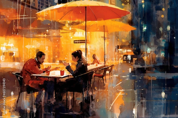 Fototapeta Watercolor modern painting: A company of people sit at cafe tables in the evening. Lighting with electric light. generative AI