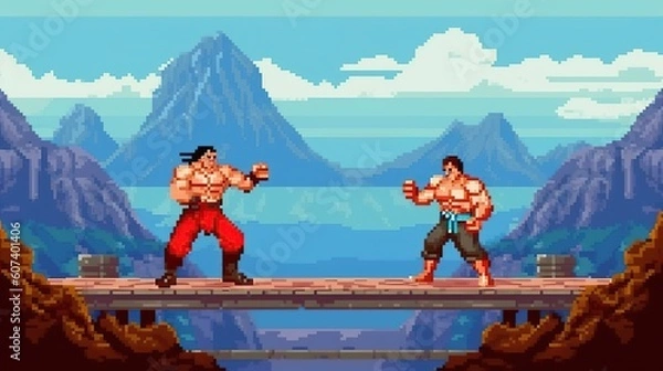 Fototapeta A retro computer game fighter level. Pixel art arcade video. Generative AI