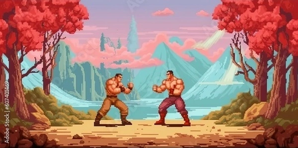 Fototapeta A retro computer game fighter level. Pixel art arcade video. Generative AI