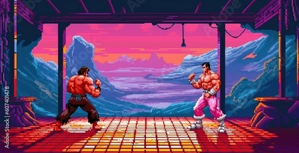 Fototapeta Poziom myśliwca z gry retro. Pixel Art Arcade Video. Generatywny AI