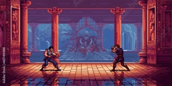 Fototapeta A retro computer game fighter level. Pixel art arcade video. Generative AI