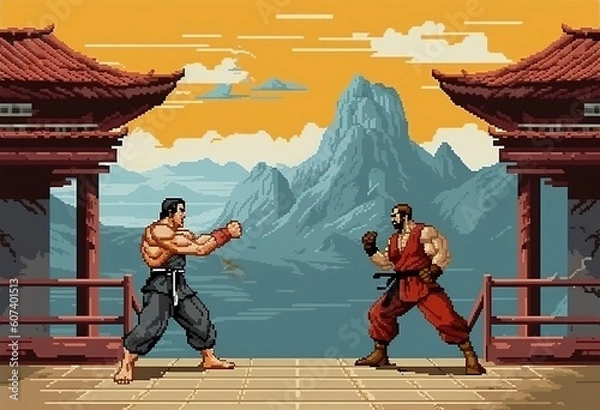 Fototapeta A retro computer game fighter level. Pixel art arcade video. Generative AI