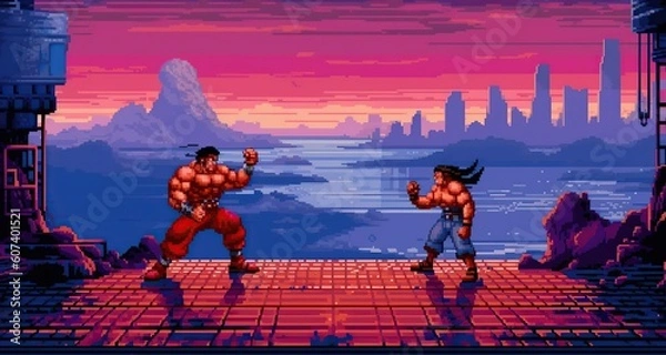 Fototapeta A retro computer game fighter level. Pixel art arcade video. Generative AI