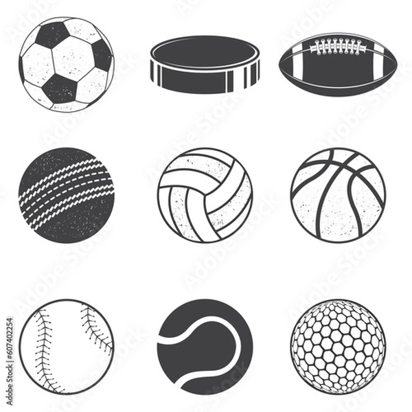 Fototapeta Set of black and white Sports Balls. Vector Illustration. Set include soccer, backetball, volleyball, baseball, cricket, american football, tennis, golf balls and ice hockey puck silhouettes.