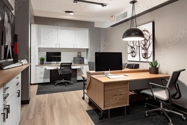 Fototapeta updated workspace with sleek furniture and modern technology, created with generative ai