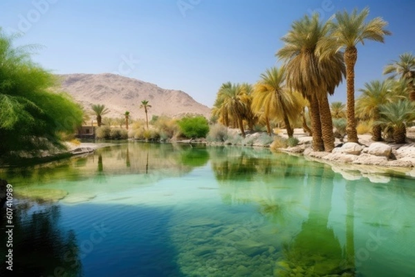 Fototapeta oasis with palm trees and crystal clear water surrounded by desert landscape, created with generative ai