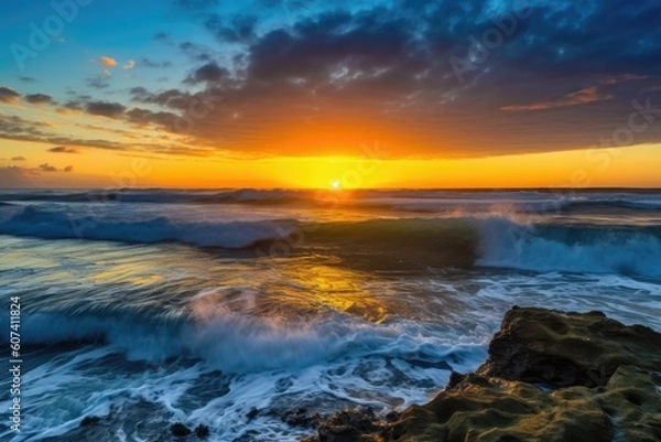 Fototapeta vibrant sunrise over the ocean, with waves rolling in, created with generative ai