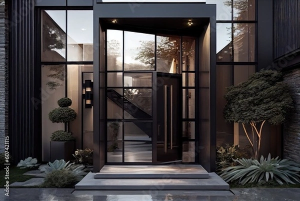 Fototapeta modern, sleek entrance with glass and metal accents, created with generative ai