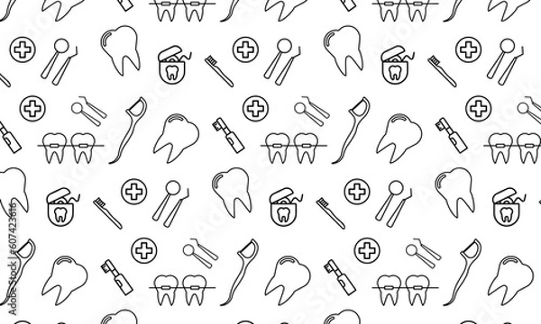 Obraz Dentist seamless pattern with thin line icons: dental instruments, caries under magnifier, orthodontics, tooth extraction, veneers, tooth whitening, implant, braces, calculus. Vector illustration.