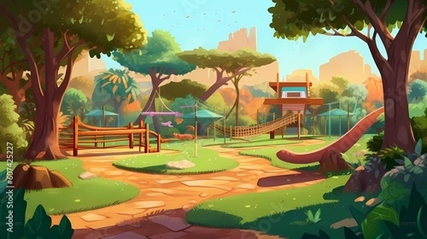Fototapeta Enchanting Fantasy World at the Modern Park Interior. A Captivating Digital Art Illustrations. Generative AI