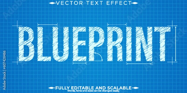 Fototapeta Blueprint drawing text effect, editable engineering and architectural text style