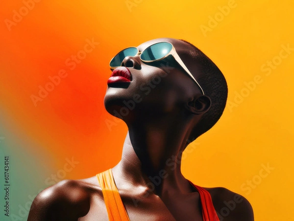 Fototapeta African woman hybrid beauty stands. Embodying minimalism and futurism, her form merges past, present, and yet-to-come. The image, a concept collage, speaks volumes in its simplicity. Generative AI