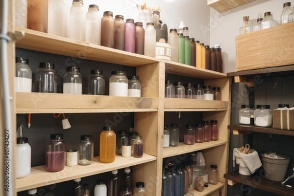 Fototapeta homemade cleaning supply closet, stocked with bottles, jars, and brushes, created with generative ai