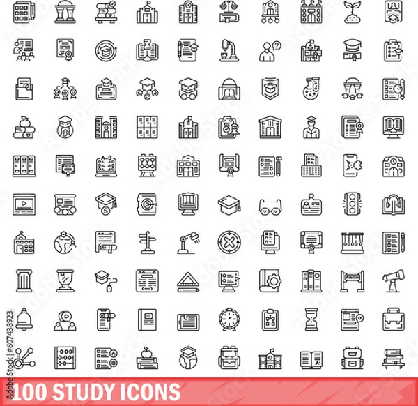 Obraz 100 study icons set. Outline illustration of 100 study icons vector set isolated on white background