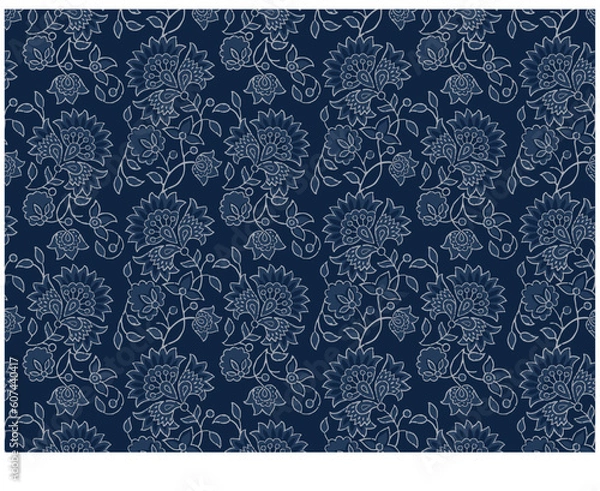 Fototapeta INDIAN FLORAL BLOCK PRINT SEAMLESS PATTERN VECTOR ILLUSTRATION