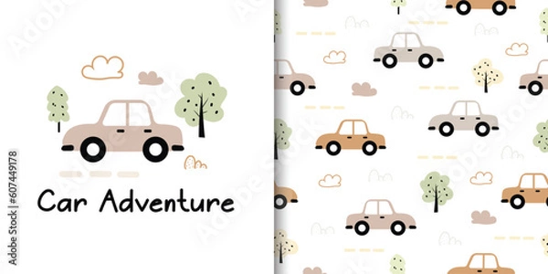 Fototapeta Set of seamless pattern with cute car background. With trees and cloud. Vector illustration for textile, fabric, wallpaper, wrapping, card