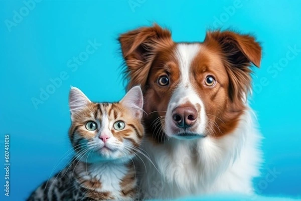 Fototapeta A cat and a dog are sitting together on a blue background Generative AI