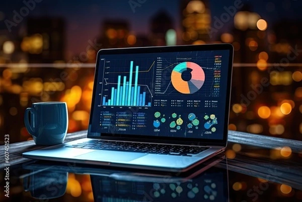 Fototapeta Computer laptop and dashboard for data business analysis and Data Management System with KPI and metrics connected to the database for technology finance, operations, sales, marketing - Generative AI