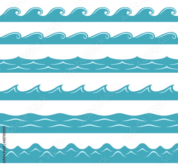 Fototapeta Vector sea or ocean. Simple flat illustration of blue waves isolated on white. Seamless marine pattern, border, frame. Set of design elements.