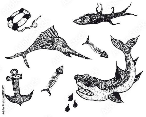 Fototapeta Fishes And Sailors Tattoo Icons Set