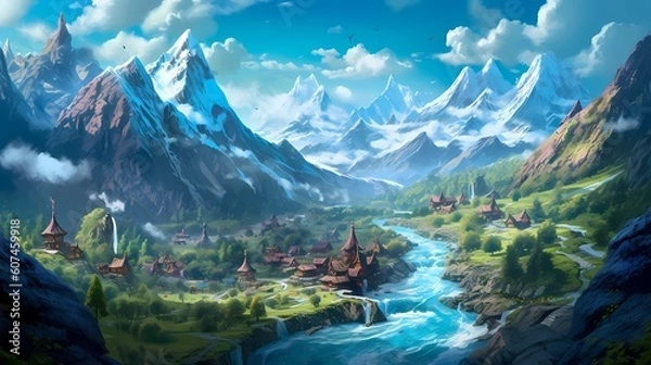 Fototapeta The fantasy valley is surrounded by mountains and a river in the digital art style. Playful cartoon illustrations. Richly detailed backgrounds. Vibrant cartography. Drawing Painting. Generative AI.
