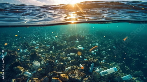 Obraz Plastic floating in the ocean, pollution in ocean, microplastics, sunlight with Generative AI.