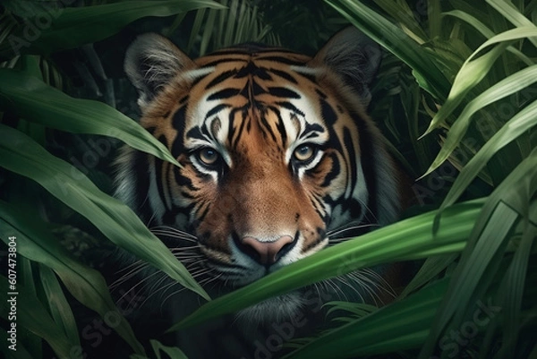 Fototapeta Tiger head portrait seen trough jungle trees and lush leaves. Generative AI