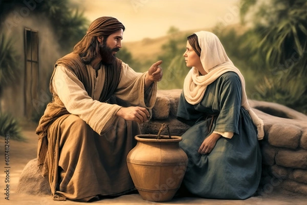 Obraz Jesus speaking to the Samaritan woman next to the well giving hope for eternal life Generative AI Illustration