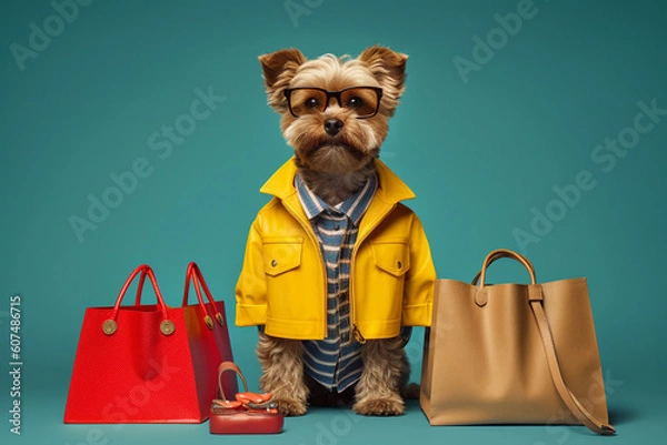 Fototapeta Cute dog nex to colorful shopping bags, capturing the excitement and satisfaction of a successful shopping spree. Ai generated