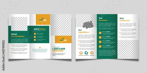 Fototapeta Lawn Care Trifold Brochure Template, Gardening or Landscaper Tri Fold Brochure Design 