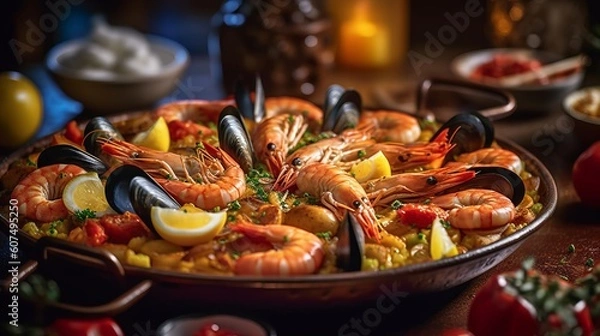 Obraz Illustration of a delicious seafood paella, a traditional Spanish dish created with Generative AI technology