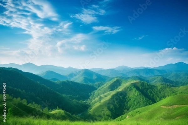 Fototapeta World environment day concept: Green mountains and beautiful blue sky clouds, Generative AI