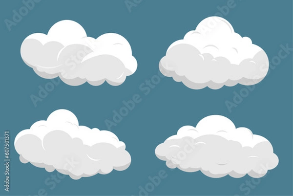 Fototapeta Set of clouds isolated on a blue background. Simple cute cartoon design. Icon or logo collection flat style vector illustration.