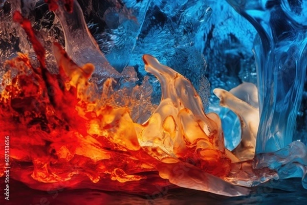 Fototapeta Fiery tones of the flames juxtaposed with the cool blue hues of the ice. Generative AI