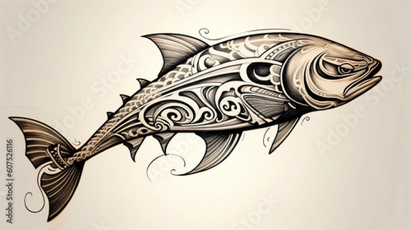 Obraz Polynesian art with intricate details of a salmon fish. Ideal for a tattoo design. 