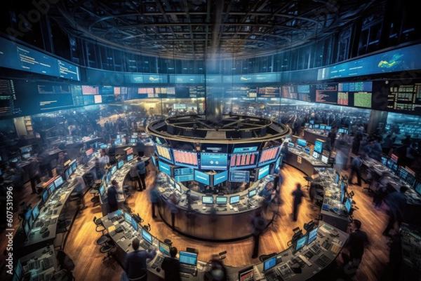 Fototapeta The interior of a room in a brokerage or securities building, showcasing the bustling atmosphere of the stock market and investment in securities. Generative Ai, Ai.