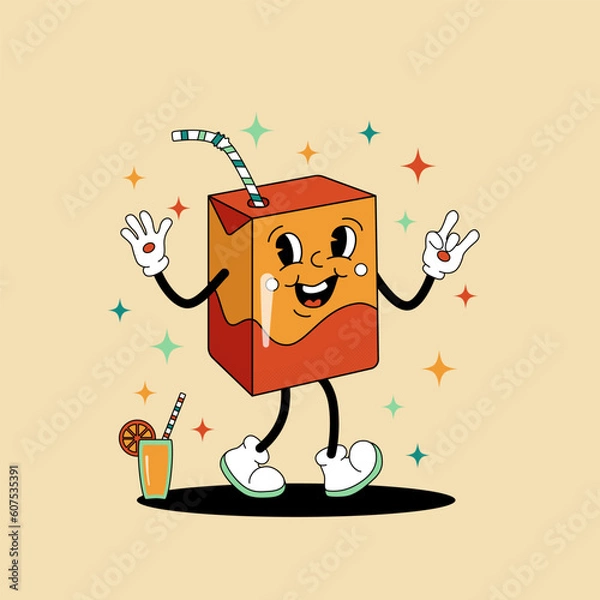Fototapeta Comic flat Juice Pack with face on decorated background. Vector cartoon illustration in groovy retro style with glass of fruit drink. Square image of cute character with smile for poster or concept