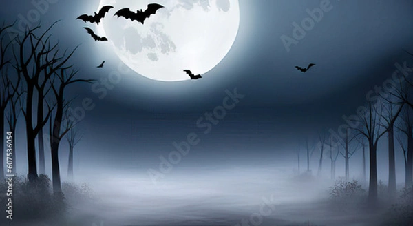 Fototapeta Halloween background with full moon and bats over a misty forest lots of copy space generative ai illustration