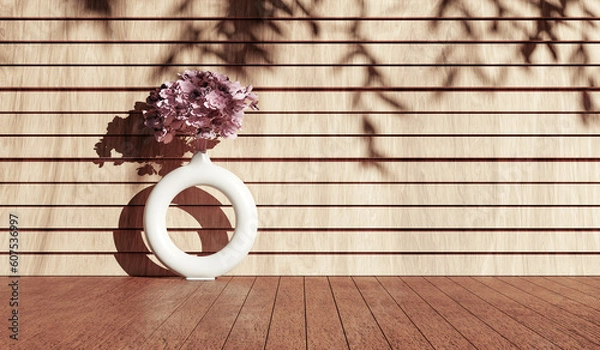 Obraz Modern white vase with flower, wood table with space in sunlight, trees shadow on brown wood wallfor interior design decoration, product display background