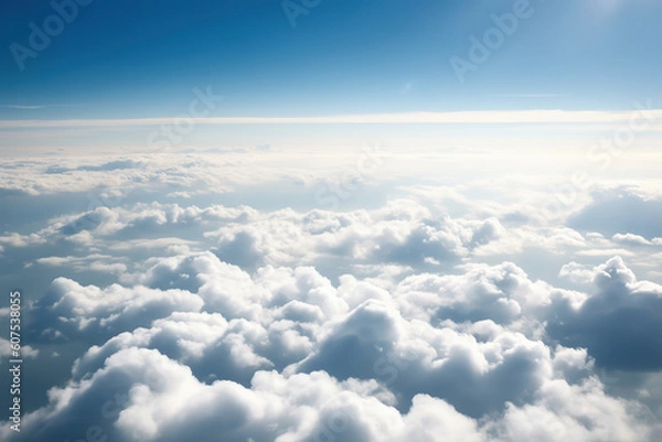 Fototapeta white and fluffy clouds are seen in the sky above a plane, generative ai 