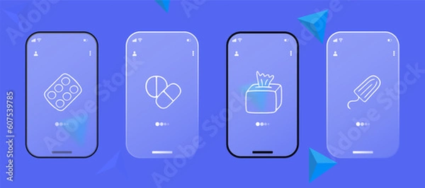 Fototapeta Set of vector icons representing personal hygiene products. Hygiene, cleanliness, personal care, soap. Glassmorphism style. Ui phone app screen