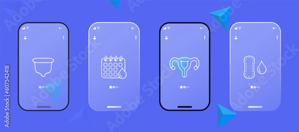 Fototapeta Collection of vector icons representing critical days. Calendar, female symbol, menstrual cup, pad, tampon. Glassmorphism style. Ui phone app screen