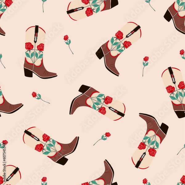 Obraz Seamless pattern with cowboy boots and rose. Cowboy western and wild west theme. Hand drawn colored vector set. All elements are isolated