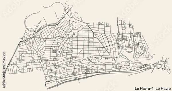 Fototapeta Detailed hand-drawn navigational urban street roads map of the LE HAVRE-4 CANTON of the French city of LE HAVRE, France with vivid road lines and name tag on solid background