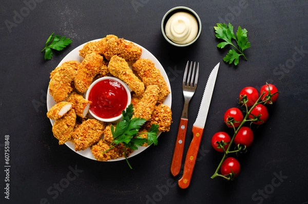 Fototapeta Delicious Crispy Fried Breaded Chicken Breast Strips with Ketchup on Dark Background