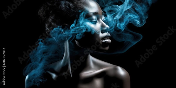 Fototapeta blue smoke and woman on black background. Generative AI image.