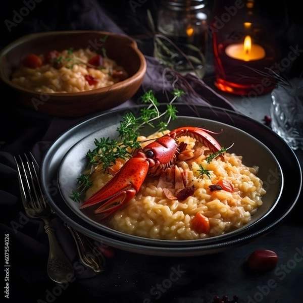 Fototapeta A rich and indulgent plate of lobster risotto shot with a Panasonic Lumix S1R camera