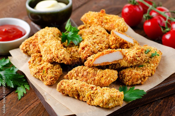 Fototapeta Delicious Crispy Fried Breaded Chicken Breast Strips with Ketchup on Dark Background