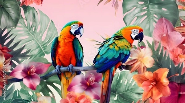 Fototapeta Tropical pattern with parrots and flowers in bright color Wallpaper Design generative AI