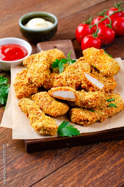 Fototapeta Delicious Crispy Fried Breaded Chicken Breast Strips with Ketchup on Dark Background